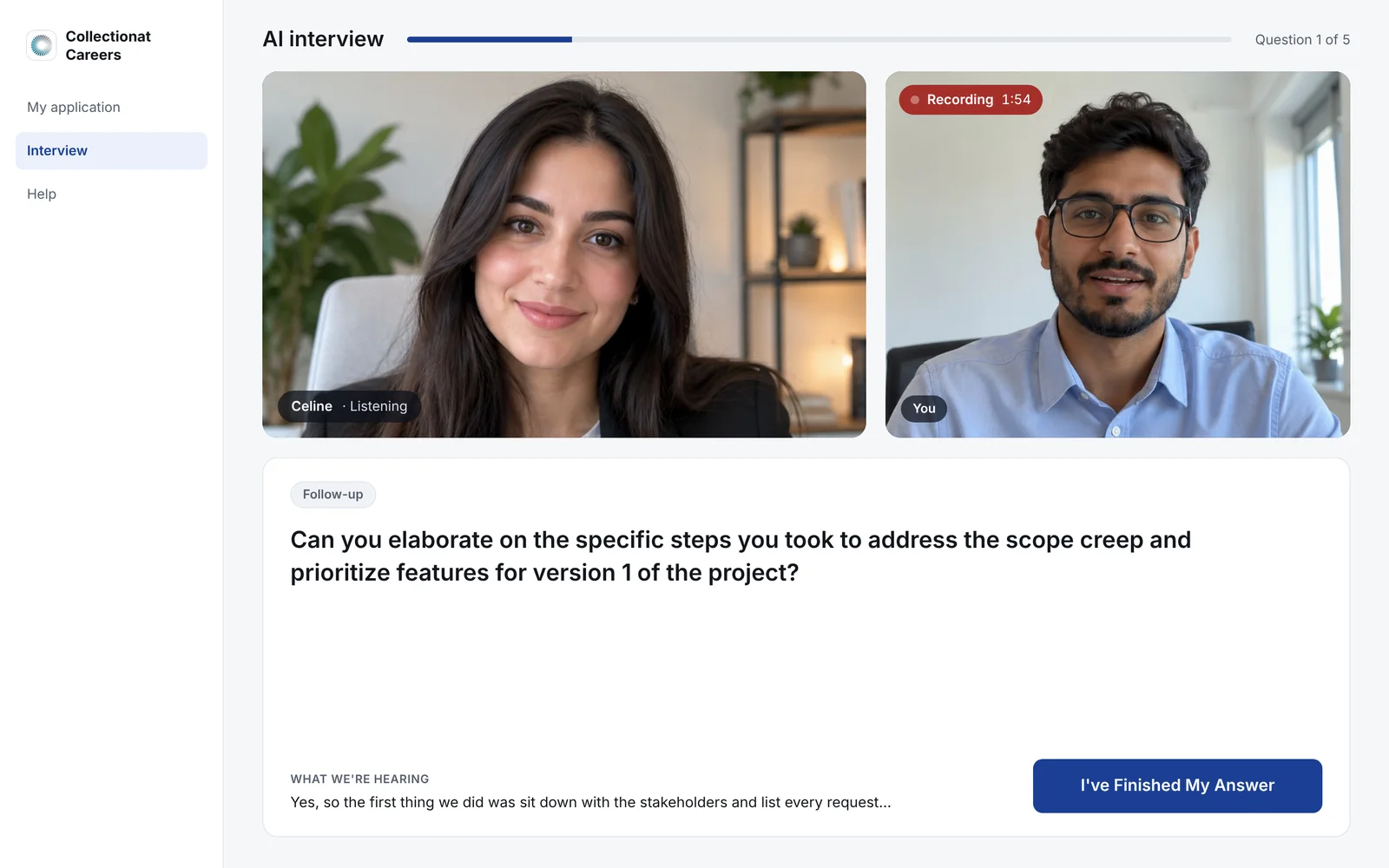 AI video interview on a desktop browser